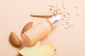 Natural cosmetic products on a light beige background. Cosmetic jar mockup.