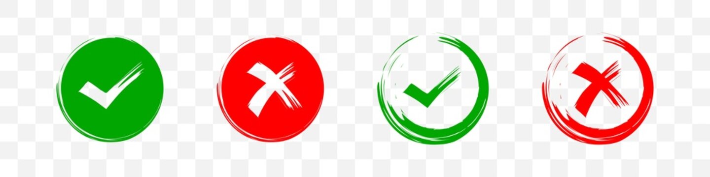 Checkmark and cross. Vector illustration. Green tick and red cross symbol on transparent background.