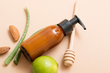 Natural cosmetic products on a light beige background. Cosmetic jar mockup.