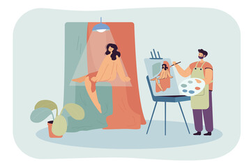 Male artist with palette painting body of naked woman on canvas. Painter drawing portrait nude model in art class flat vector illustration. Art school or studio concept for banner or landing web page