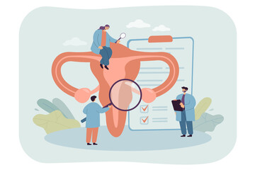 Tiny doctor cartoon characters examining female uterus. Endometriosis treatment, vaginal health flat vector illustration. Infertility, medicine, gynecology concept for banner or landing web page