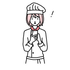 立ってスマートフォンを操作して何かに気づいて驚いた調理師の女性