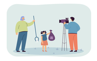 Cameraman shooting mother and daughter who picking up garbage. Man filming reportage about recycling flat vector illustration. Television, ecology concept for banner, website design, landing web page