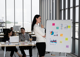 Business woman thinking of business plans to present to customers. good planning It will impress customers and decide to use the service or buy the company's products.