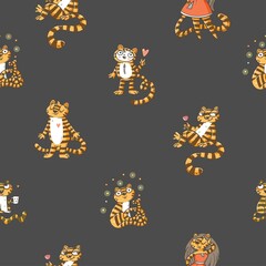 Christmas pattern with cute tigers on dark background. Christmas cartoon animals print. Winter stylized wallpaper. Chinese horoscope symbol. - obrazy, fototapety, plakaty