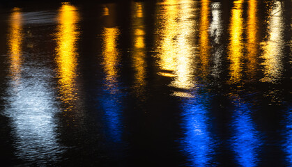 abstraction. blurred reflection of city lights in the river.