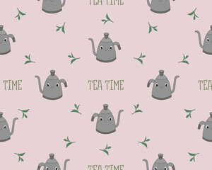 Seamless pattern with cute tea attributes in pastel colors - vector illustration, eps stock illustration