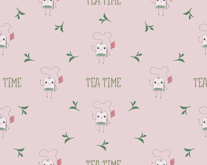 Seamless pattern with cute tea attributes in pastel colors - vector illustration, eps stock illustration