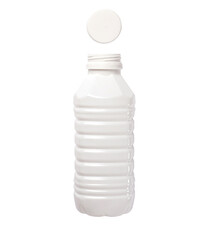 Open white plastic bottle for milk or yogurt with cap isolated on white background. packaging of dairy products. Plastic bottle without a label mock up.
