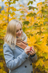 A woman holds maple yellow leaves in her hands in a park against a background of trees