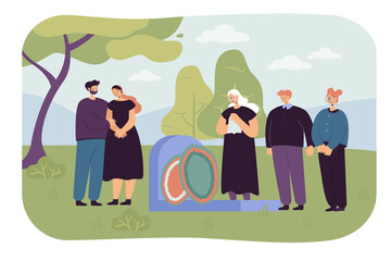 Cartoon family in mourning clothes crying at headstone. Sad grandmother at tombstone, people in graveyard flat vector illustration. Death, funeral concept for banner, website design or landing page