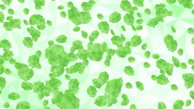 Many green leaves floating in air on white background. Low polygonal plant. Symbol of digital technology. Abstract loop animation.