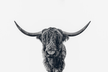 Portrait of a Highland cattle, black and white, on white background