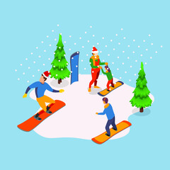 Fototapeta premium Family snowboard winter concept 3d isometric vector illustration concept for banner, website, landing page, ads, flyer template