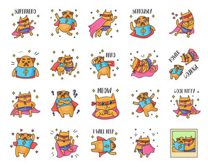 Cat and dog cartoon characters as superheroes sticker set. Funny animal super heroes in masks in different poses vector illustrations. Animals, fantasy concept for cute temporary tattoo designs