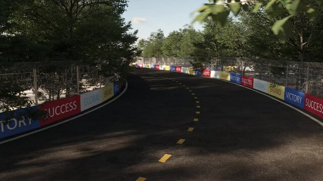 Formula 1 racing car rushes along the track. Forest trail in clear daytime