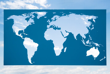 World Map or Earth Chart Against Blue Sky and Clouds Background. Go Global Concept