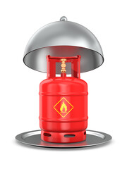 Obraz premium open metallic cloche and gas cylinder on white background. Isolated 3D illustration