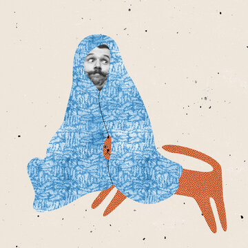 Modern design, contemporary art collage. Inspiration, idea, trendy urban magazine style. Man sitting under blanket with cat. Winter