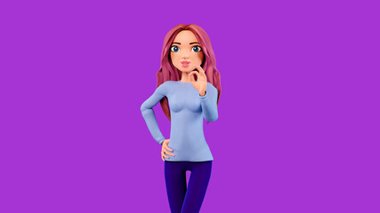 3d Cartoon character with OK gesture. Cartoon woman shows okay sign, isolated on white background. Positive young woman with pink hair, 3d render.