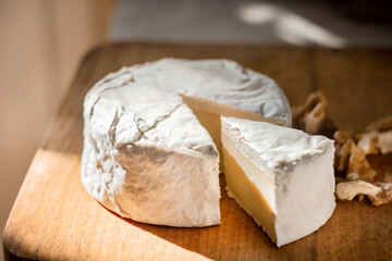 Brie cheese or camembert on cheese platter with walnuts. Closeup view, selective focus