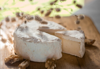 Camembert cheese, walnuts, sacking on cutting board, cut slice Camembert cheese, wooden background ,selective focus