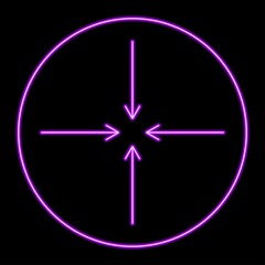 Fototapeta premium Arrows to the center neon sign, modern glowing banner design, colorful modern design trends on black background. Vector illustration.