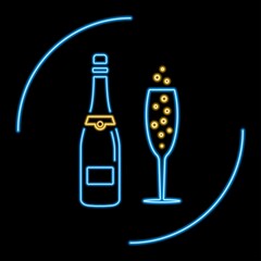 Champagne glass neon sign, modern glowing banner design, colorful modern design trends on black background. Vector illustration.