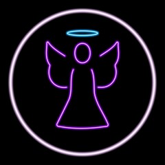 Angel neon sign, modern glowing banner design, colorful modern design trend on black background. Vector illustration.