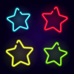 Set of neon, glowing, colored stars on a dark background. Decoration, symbol of Christmas and New Year.