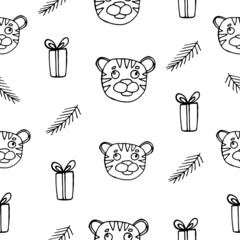Tiger graphics drawn hand vector illustration seamless pattern 