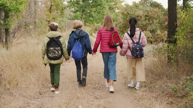 Back view of multinational group of children walking in park