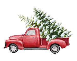 Christmas red vintage pick up with christmas tree and gifts. Hand painted watercolor illustration isilated on white background