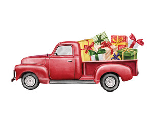 Christmas red vintage pick up with christmas tree and gifts. Hand painted watercolor illustration isilated on white background - obrazy, fototapety, plakaty