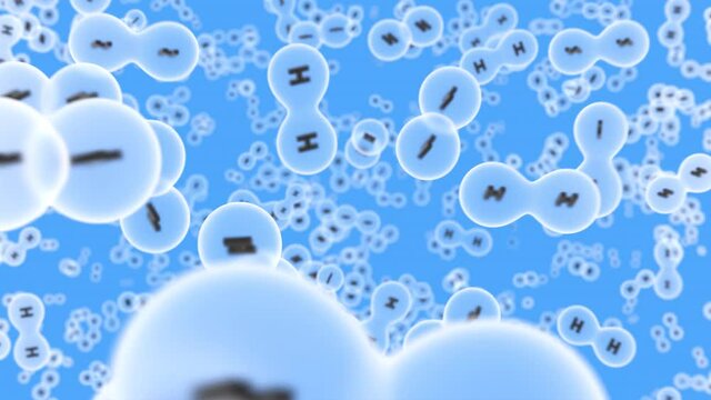 Fly through Hydrogen molecules. Loopable animation of motion through H2 molecules floating on blue backdrop. Green hydrogen concept