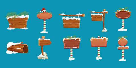 Set Christmas wooden signboard, road signs on striped stick with decoration, empty frame in cartoon style isolated on white background. Holiday decoration. Ui game asset.