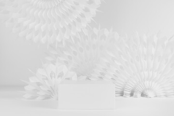 White box podium on elegant soft light abstract scene mockup for displaying, presentation cosmetic product or goods with airy circle white paper carved fans in simple oriental minimalistic style.