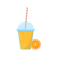 Orange Fresh Juice in Glass with Cap Illustration. Ice Fruit Cocktails in Plastic Cup with Straw. Slice of Orange and Fresh Lemonade Illustration. Isolated Vector