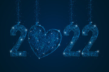 Abstract isolated blue image of new year number 2022. Polygonal low poly wireframe illustration looks like stars in the blask night sky in spase or flying glass shards. Digital web, internet design. © Katsiaryna