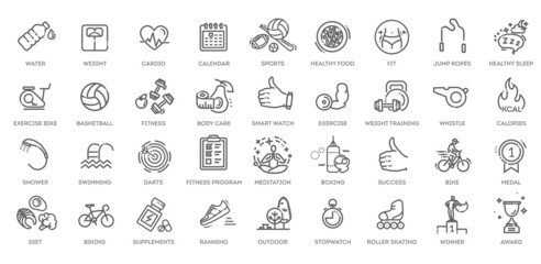 Web Set of Fittness Vector Thin Line Icons. Contains such Icons as Healthy Lifestyle, Weight Training, Body care and more.