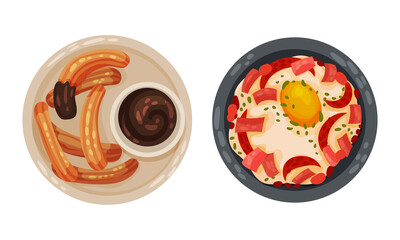 Churros with Hot Chocolate and Scrambled Egg as Served Spanish Cuisine Dish Above View Vector Set