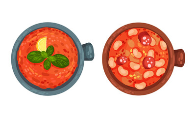 Gazpacho or Cold Soup and Stew of Beans as Served Spanish Cuisine Dish Above View Vector Set