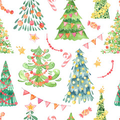 Watercolor seamless pattern of christmas trees