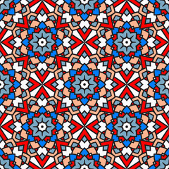 Vector seamless background. Endless colorful texture. Use for wallpaper, textile, book cover, clothes. In blue, red and white colors