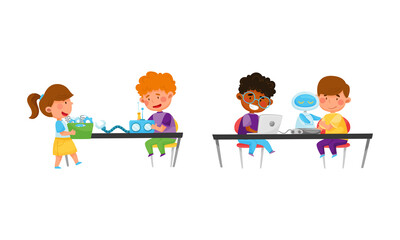 Fototapeta premium Little Boy and Girl at Table Engineering and Configurating Robot Vector Set