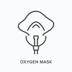 Oxygen mask flat line icon. Vector outline illustration of medical equipment. Black thin linear pictogram for respiratory device