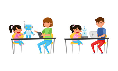 Young Boy and Girl at Table Engineering and Configurating Robot Vector Set