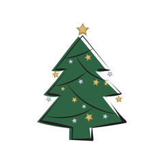Green Christmas tree with garland of stars. Festive decoration for new year and winter holiday