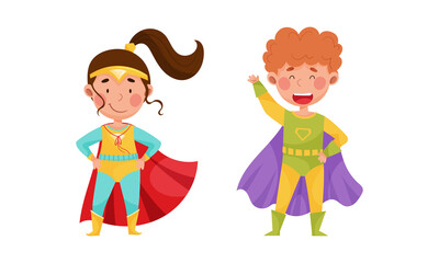 Cute Boy and Girl Wearing Superhero Costume Pretending to Have Super Power Vector Set