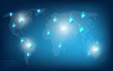 Block chain global network technology concept and computer connection and digital blocks connection and system security technology, in global computer network Internet technology,Blue background